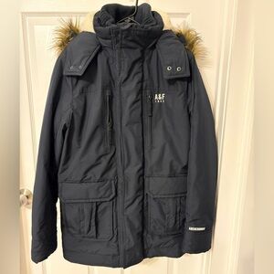 Abercrombie & Fitch Men's Dark Navy Insulated Parka with Faux Fur Trim